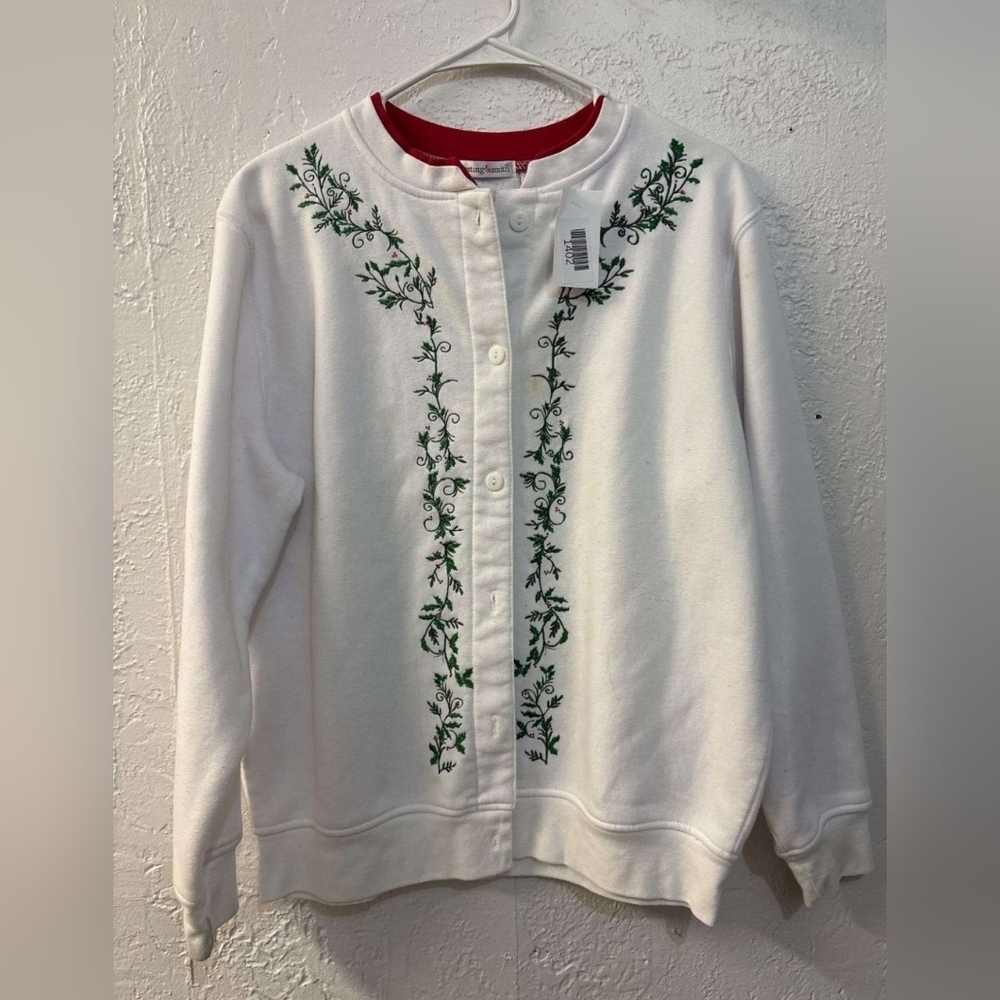 Hasting & Smith Women's Holly Green Button Down Embroidered Sweater Christmas - Picture 1 of 6